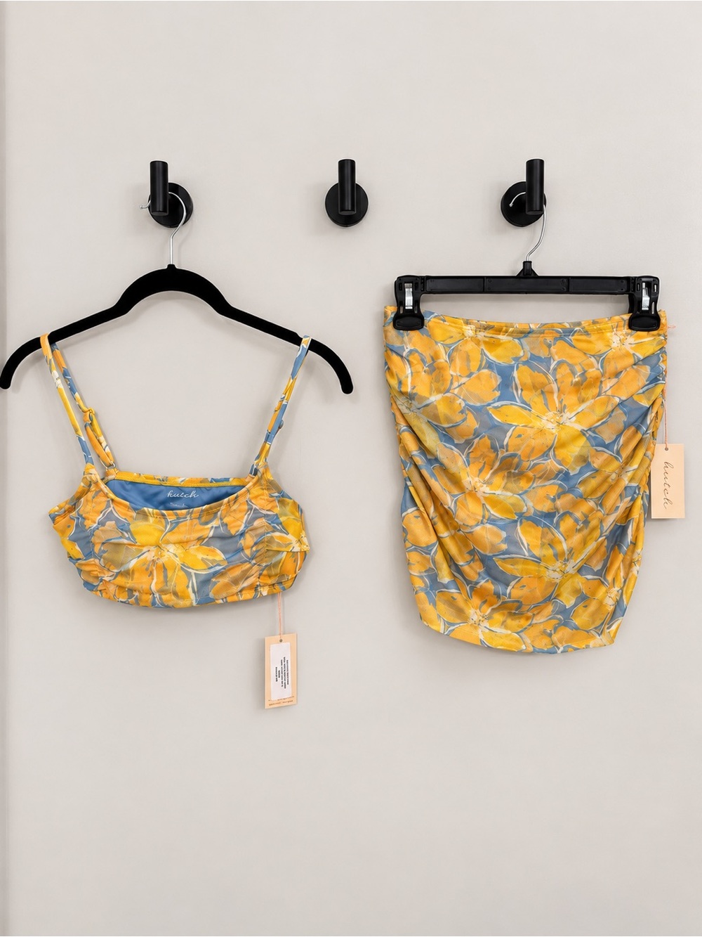 Hutch Yellow & Blue Floral Ruched Bikini Top with and Bottom NWT